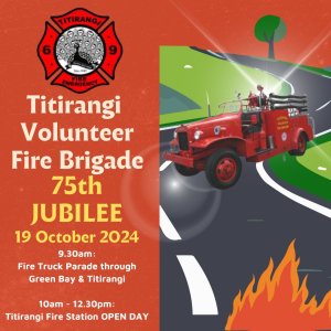 Titirangi Volunteer Fire Brigade are celebrating their 75th Jubilee this Saturday (19 October 2024) with a range of fire trucks parading through Green Bay and Titirangi.

The event kicks off at 9:30 AM with a parade of emergency vehicles through Green Bay, finishing at the Titirangi Fire Station for an Open Day event from 10:00am to 12:30pm.

•  The trucks will depart Connaught Street, Green Bay at 09:30am
•  They will proceed up Godley Road, turn left into Titirangi Road, then Left into South Titirangi Road, finishing in the Titirangi War Memorial Hall car park.
•  For your safety, please stay on the footpaths. 
•  The roads will remain open to normal traffic.

The open day is open to everyone and will feature:

•  A live fire kitchen safety simulator
•  Fire truck display
•  Vintage fire trucks
•  Brigade history exhibit
•  Squirty trucks
•  Kids' colouring activities
•  Sausage sizzle
•  Recruitment information

More information can be found at: https://www.facebook.com/TitirangiFire/