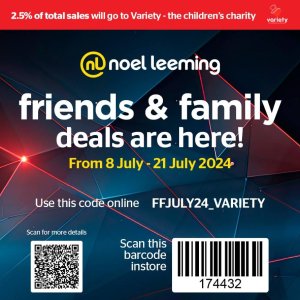 Noel Leeming Friends & Family deals are nearly here! 

From the 8th to the 21st of July 2024, Noel Leeming will have some amazing deals on a huge range of tech and appliances available both in-store and online. Plus, 2.5% of total sales will go towards ensuring children living in poverty can thrive and reach their full potential through Variety - the children’s charity.