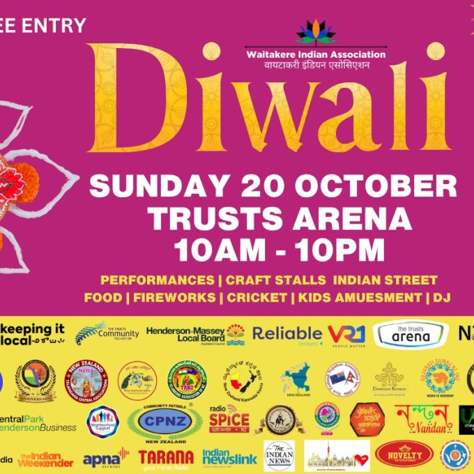 West Auckland's BIGGEST DIWALI CELEBRATION is Almost Here!

Mark your calendars for Sunday, 20th October at The Trusts Arena, Henderson, from 10 AM - 10 PM for a day filled with joy, culture, and light. 

• Over 600 performers: From stunning classical Indian dances to energetic hip-hop and Bollywood beats 
• Cultural Ram Leela Performance – Dive into the traditions and meaning of Diwali
• 25+ Indian street food stalls serving mouth-watering treats 🍽️
• 40+ craft stalls for all your festive shopping 
• Amusement rides & cricket nets to test your bowling and batting skills 

💥End the night with a breathtaking fireworks display! 

📍Where: The Trusts Arena, Henderson
🕓When: Sunday, 20th October, 10AM - 10PM
✨FREE ENTRY